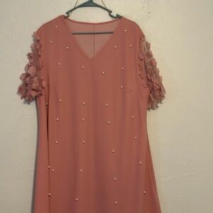 SHEIN Rose Pink V-Neck Midi Dress with Pearl Detail